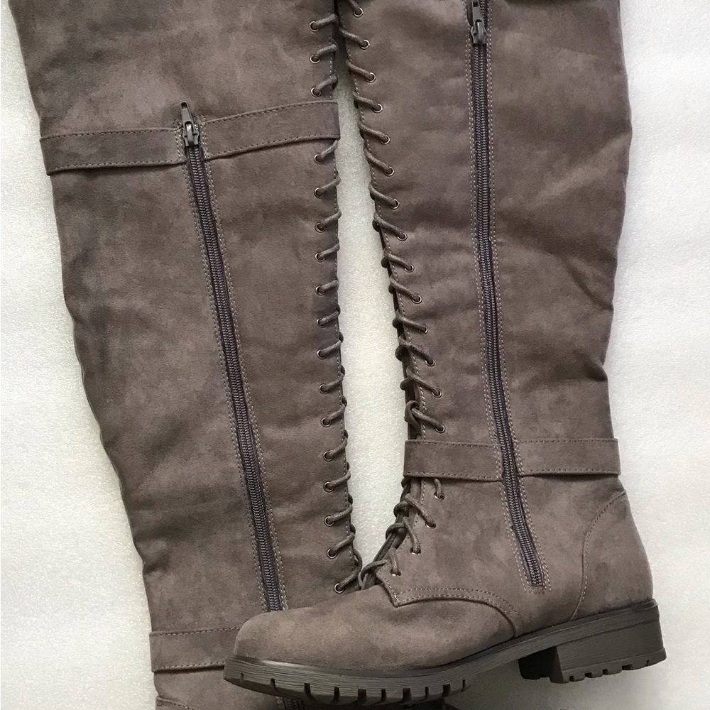 Knee high, lace-up, with zipper, faux suede dark grey boots.